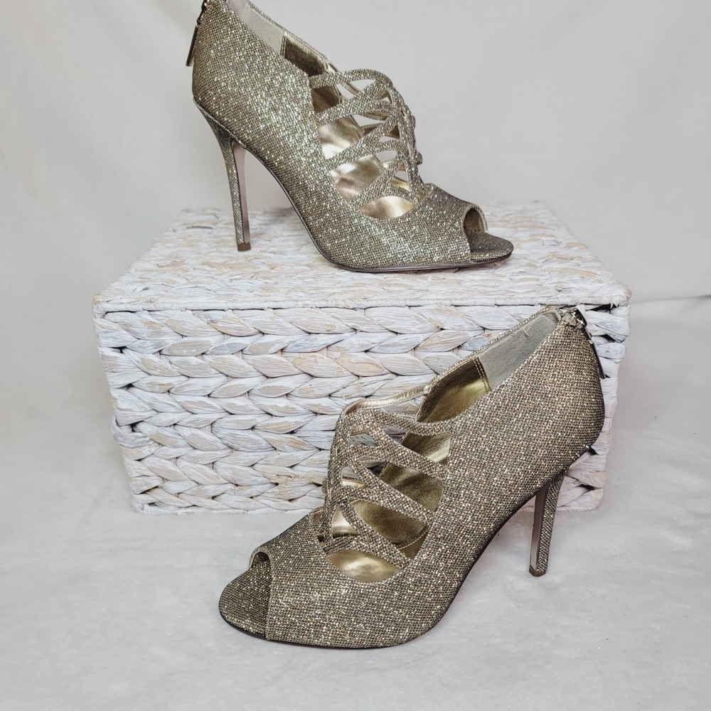 NINA Gold Glitter Cage Booties Peep Toe Stiletto Party Holiday Sz 6.5‎ GoingOut